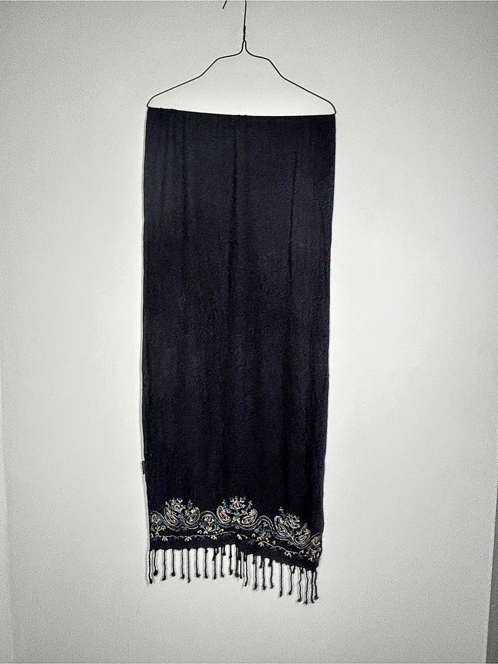 Black Paisley Embroidered Fringe Scarf